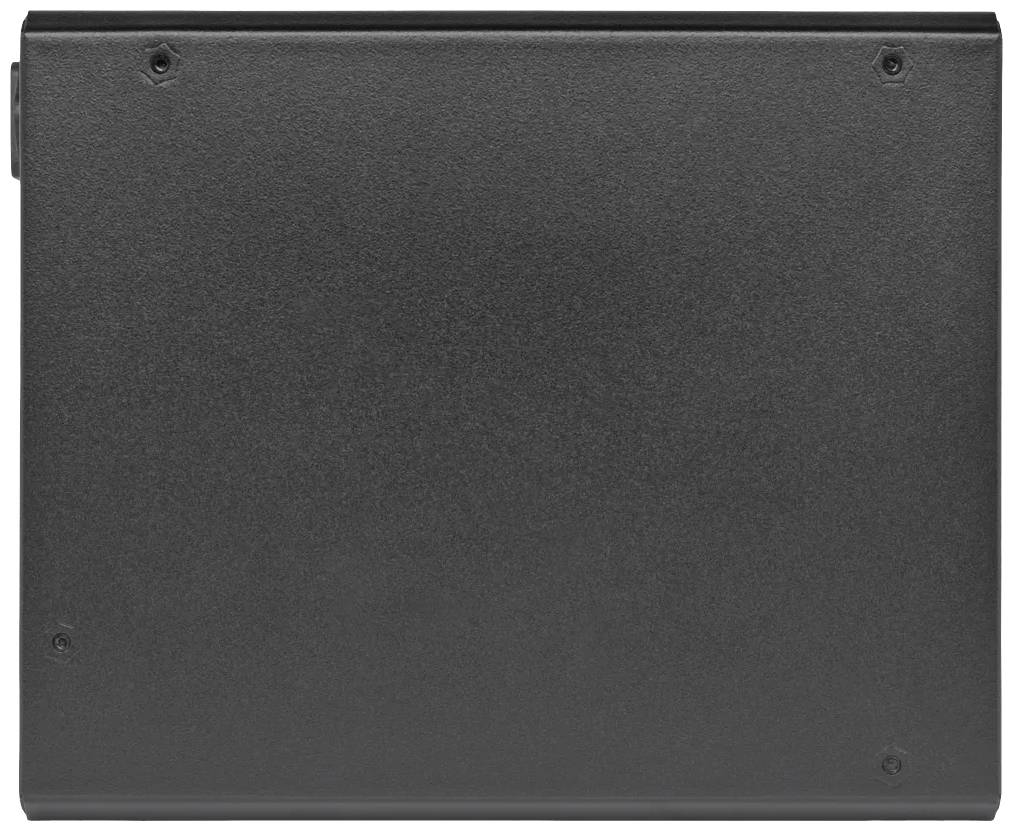 Plaque métallique noire rectangulaire avec quatre vis dans les coins.