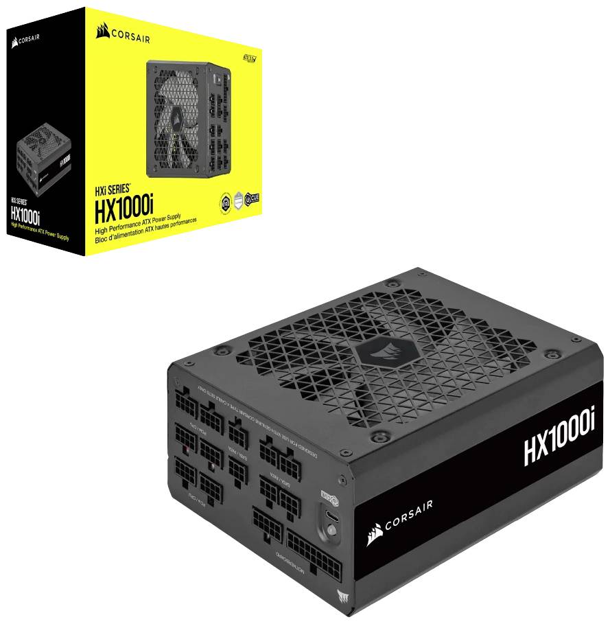 Alimentation Corsair HX1000i avec gestion de câbles amovible, certifiée 80 Plus Platinum, emballage et vue du produit.