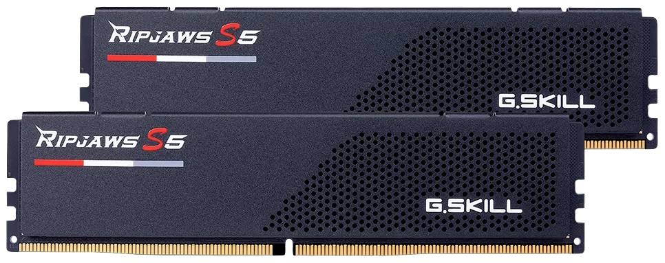 Deux modules RAM de la marque G.Skill Ripjaws S5, de couleur noire, sur un fond blanc. Ils sont placés en parallèle et montrent les surfaces de contact dorées.