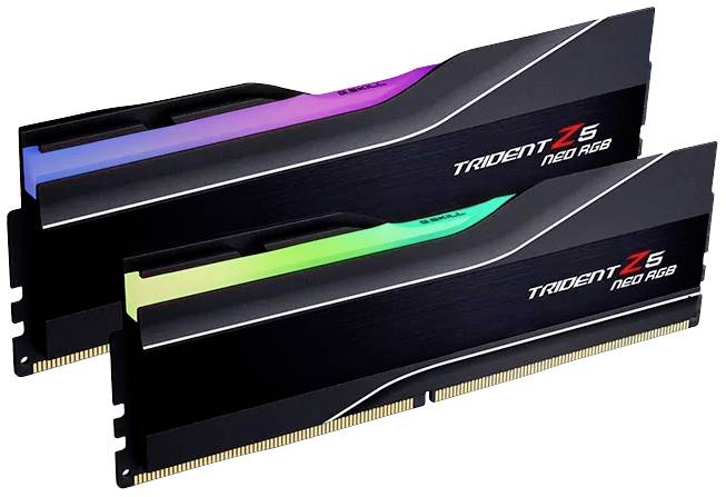 Deux modules de RAM 'Trident Z5 Neo' avec éclairage RVB, boîtier noir, couleurs vives.