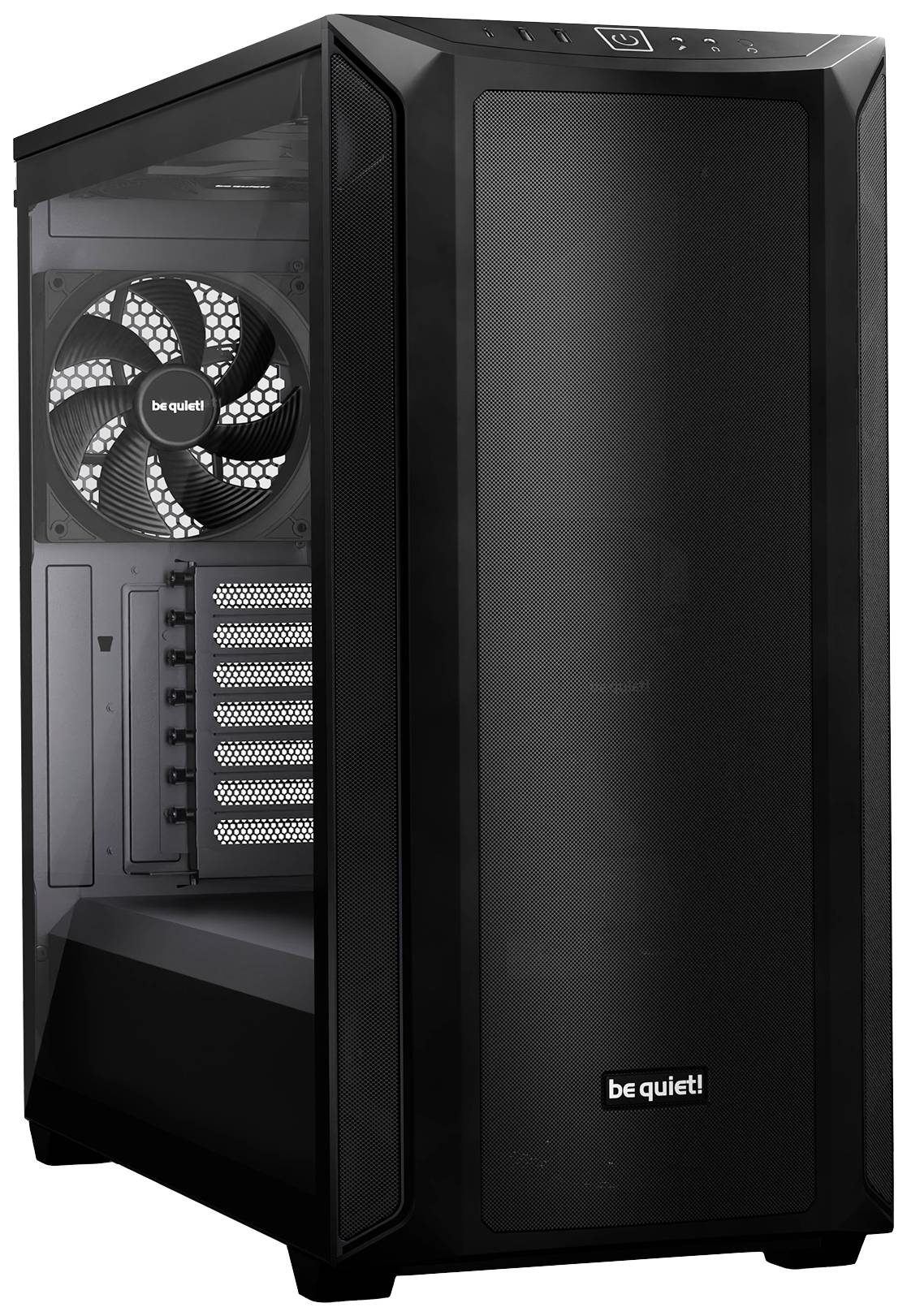Boîtier d'ordinateur noir avec ventilateur latéral et plusieurs emplacements à l'arrière. Face avant avec le logo 'be quiet!'.