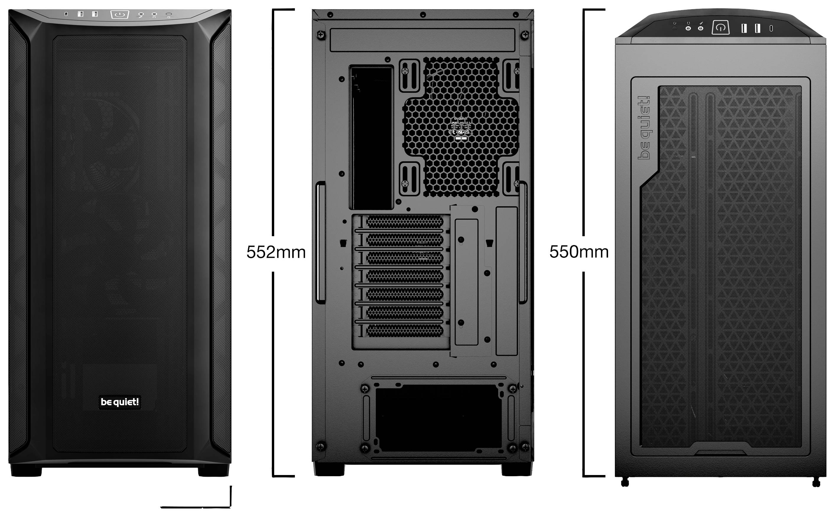 'Trois vues d'un boîtier PC be quiet! ; vue avant, arrière et latérale. Dimensions : 552 mm et 550 mm de hauteur.'