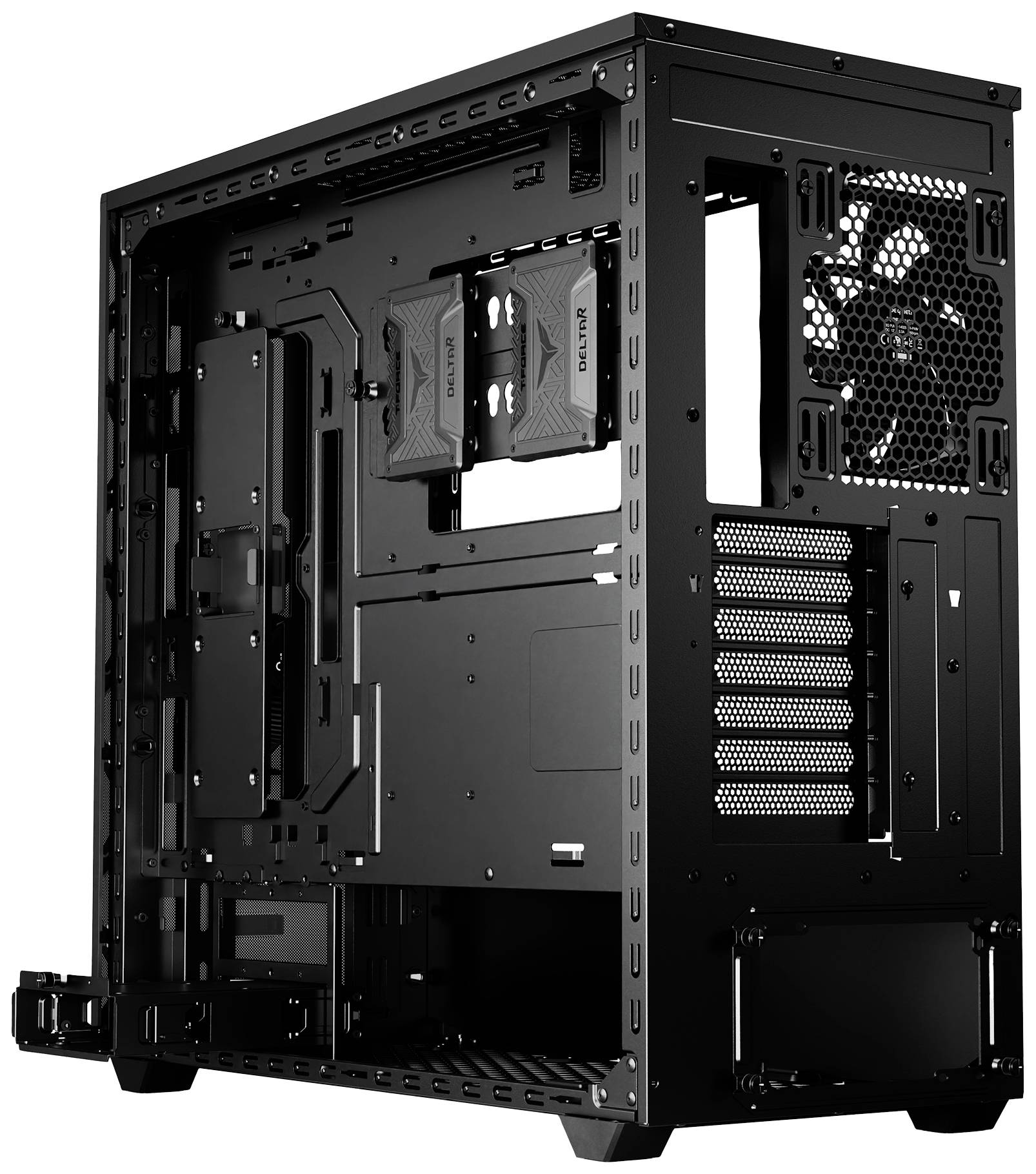Boîtier d'ordinateur noir ouvert avec des ventilateurs visibles et des supports pour composants, prêt pour l'assemblage d'un PC.