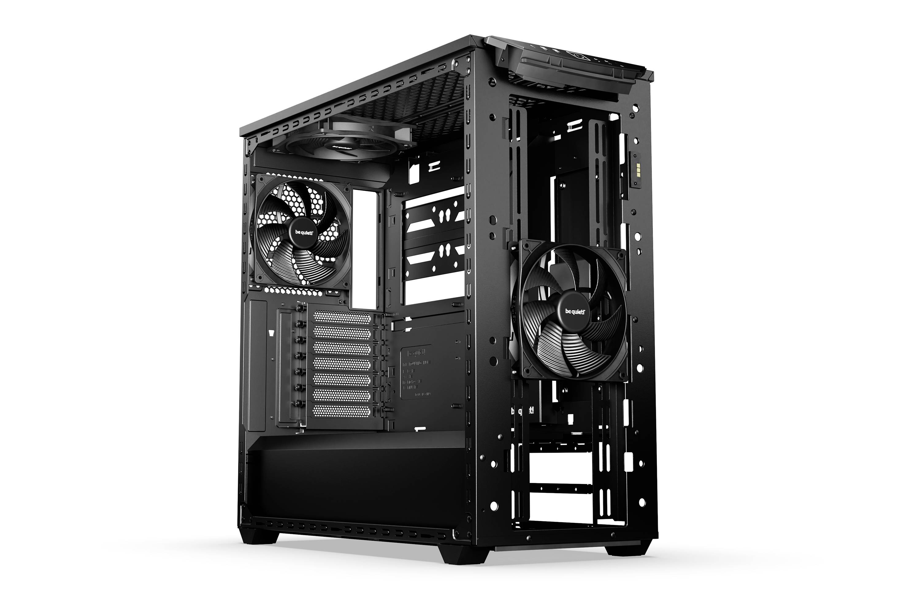 Boîtier d'ordinateur noir au design ouvert, montrant les ventilateurs et les espaces intérieurs pour le montage du matériel. Optimal pour les projets de construction de PC.