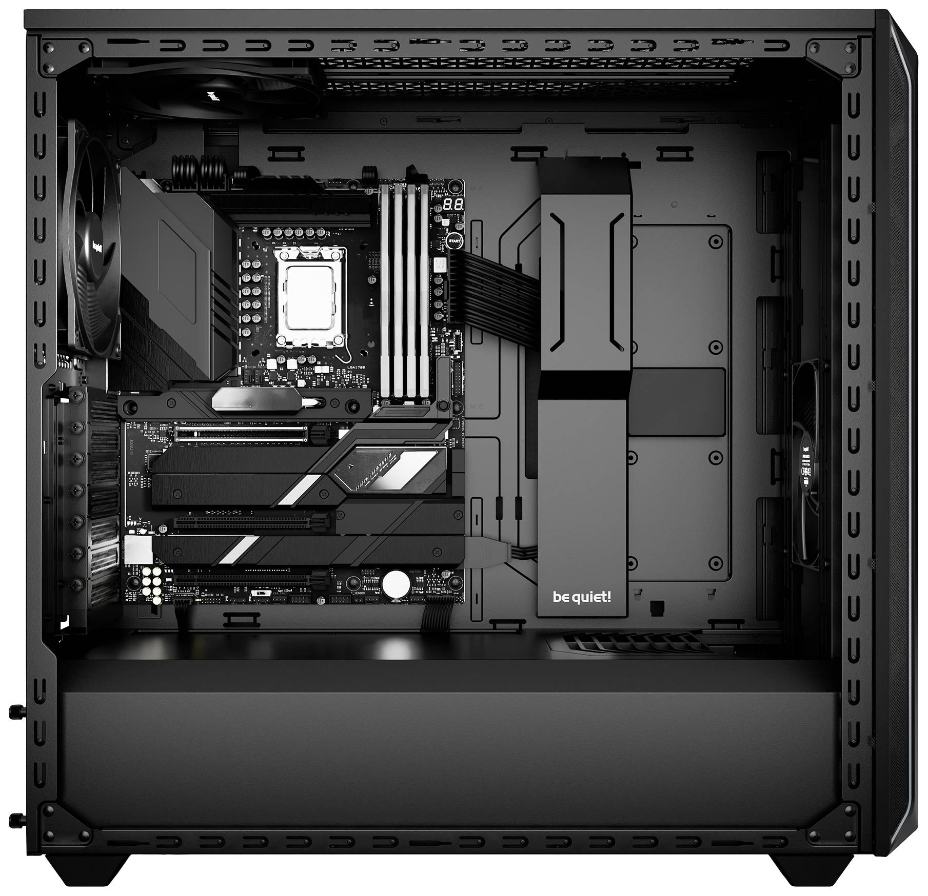 Un boîtier d'ordinateur ouvert montre une carte mère installée avec un processeur, des modules de RAM et plusieurs emplacements d'extension, mais sans carte graphique.