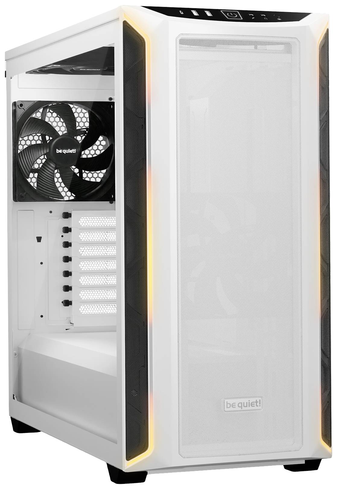 Boîtier PC blanc avec fenêtre latérale transparente et bandes LED oranges. Ventilateur visible à l'intérieur à l'arrière. Marque : 'be quiet!'.