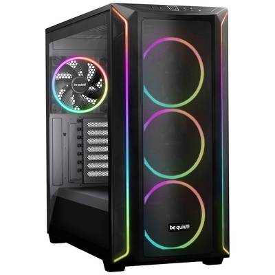 Boîtier PC noir avec fenêtre latérale transparente, ventilateurs avant et arrière éclairés en RGB, arborant le logo 'be quiet!'.
