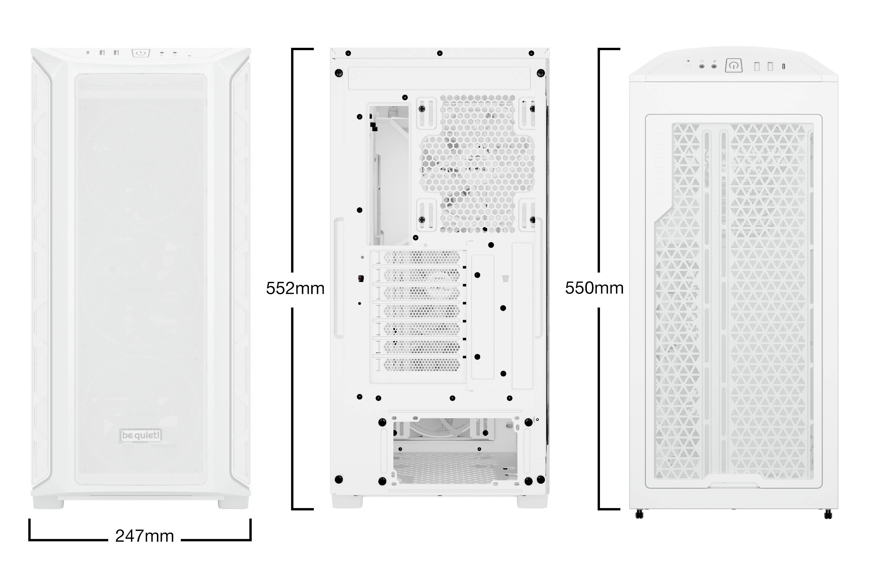 Boîtier d'ordinateur, blanc, avec les dimensions : largeur 247 mm, hauteur 550 mm, profondeur 552 mm, montrant les ouvertures de ventilation et les connexions.