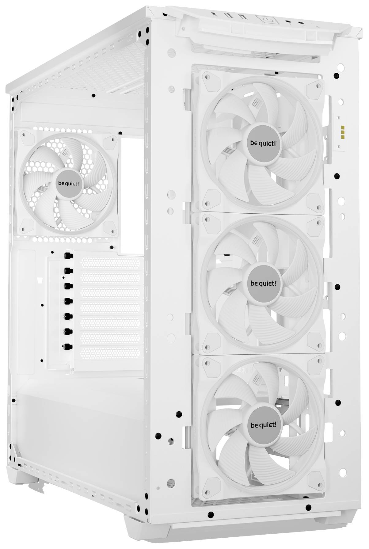 Un boîtier d'ordinateur blanc avec trois grandes ventilations à l'avant, adapté à la construction d'un PC avec une bonne circulation d'air.