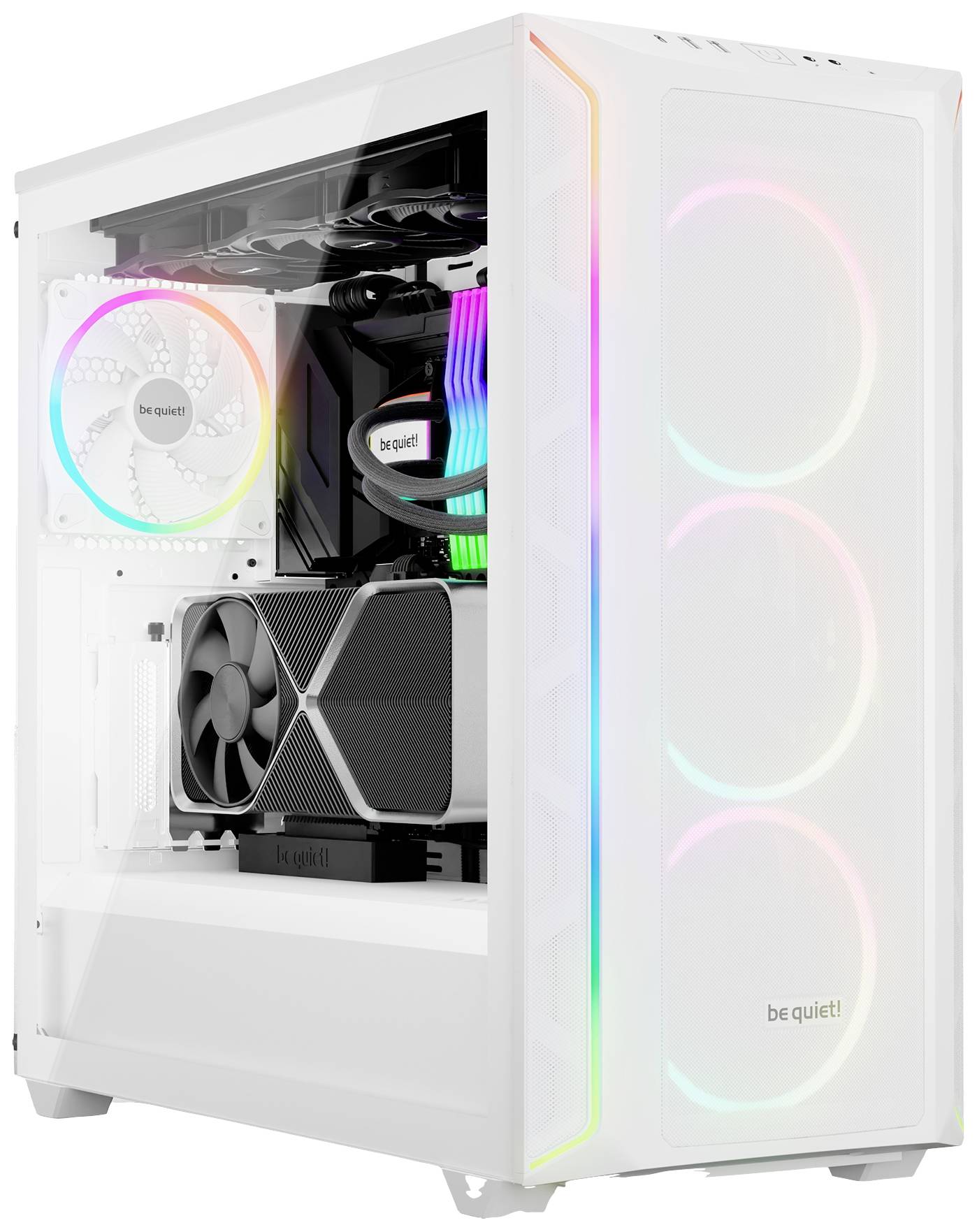 Boîtiers PC blancs avec éclairage RVB, ventilateurs visibles et gestion de câbles soignée. Le nom de marque 'be quiet!' est visible sur plusieurs ventilateurs.
