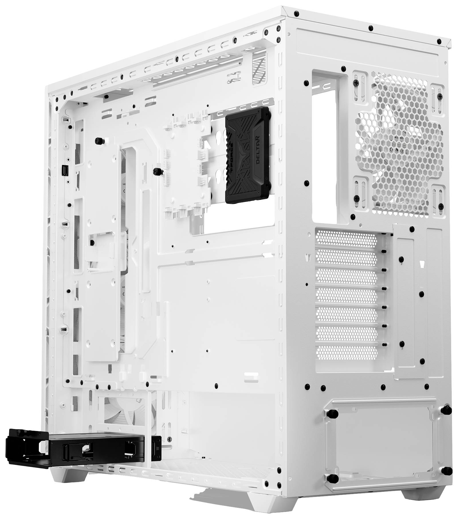 Un boîtier d'ordinateur blanc avec un côté ouvert révèle sa structure interne et ses ouvertures de ventilation. Adapté pour l'installation de composants PC.