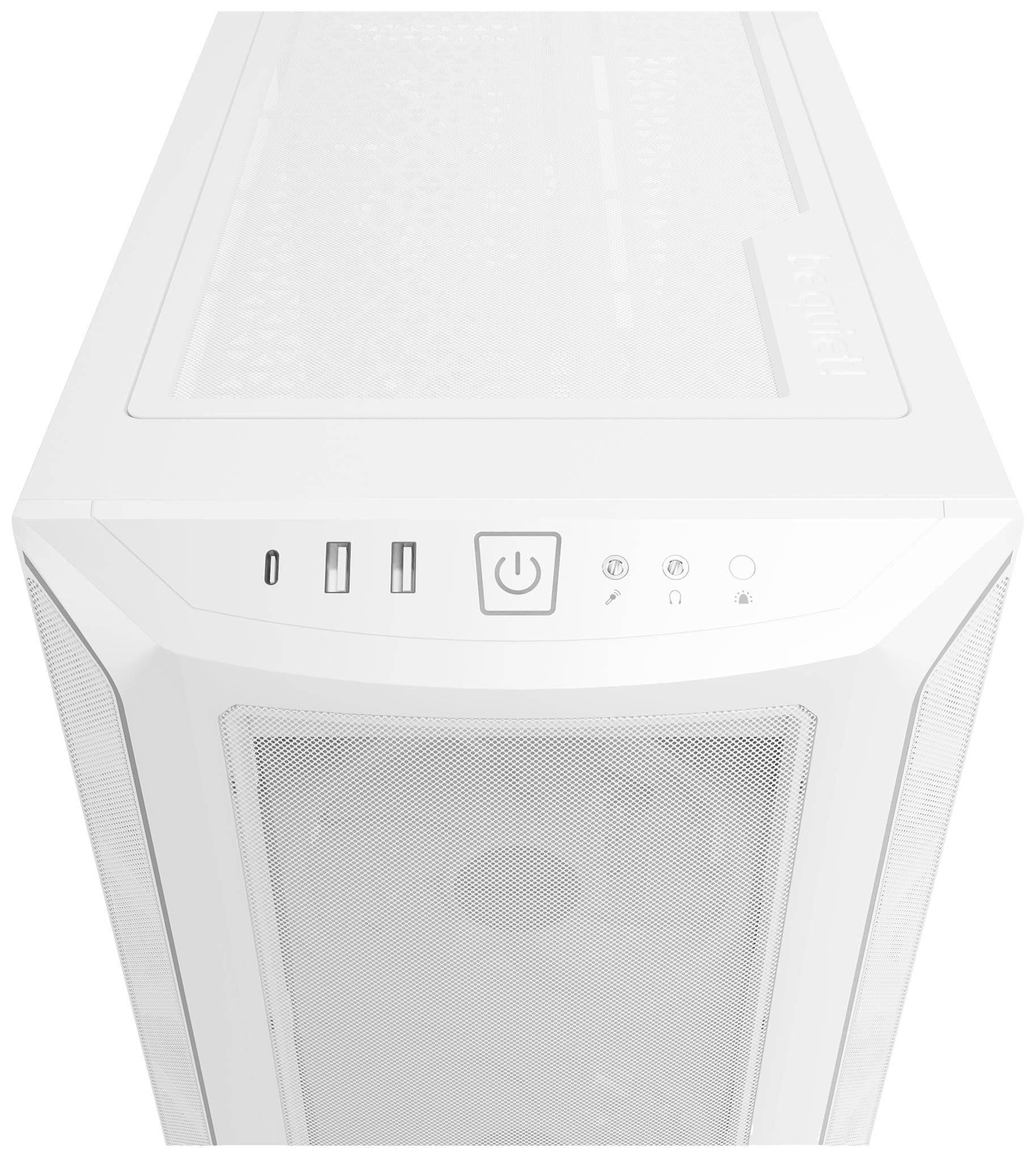 Un boîtier PC blanc avec bouton d'alimentation et ports USB en haut de la face avant.