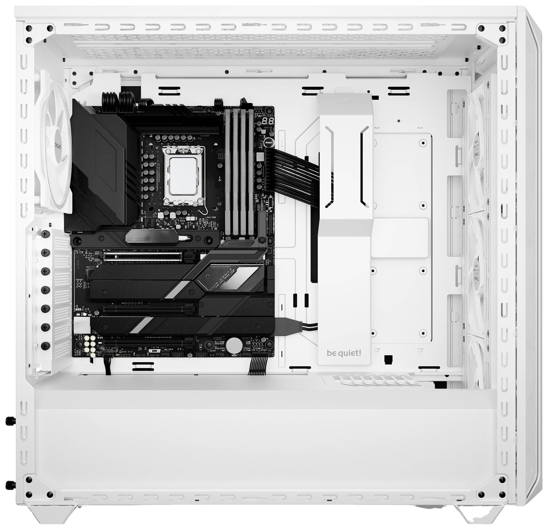 Boîtier d'ordinateur blanc avec carte mère intégrée, préparé pour l'installation d'autres composants tels que le processeur, la RAM, les ventilateurs et les unités de stockage.