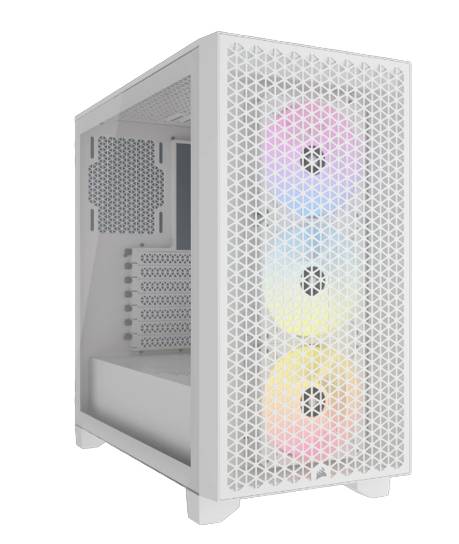 Boîtier d'ordinateur blanc avec façade transparente. Trois ventilateurs rétroéclairés visibles avec des LED colorées.