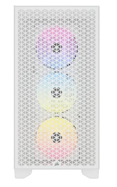 Un boîtier d'ordinateur blanc avec trois ventilateurs éclairés dans les couleurs rose, bleu et jaune, visibles à travers un motif de grille.