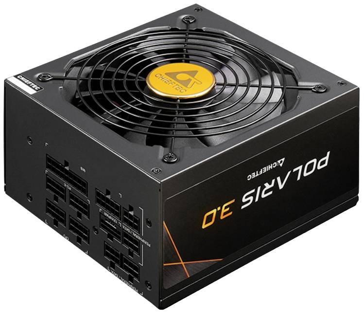 Bloc d'alimentation PC noir avec ventilateur et marquages jaunes. Nom du modèle 'POLARIS 3.0' et logo 'Chieftec' visibles.