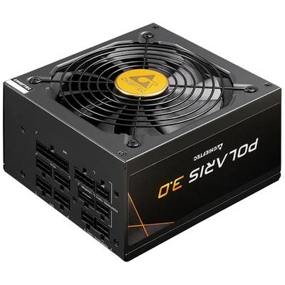 Bloc d'alimentation PC noir avec ventilateur et marquages jaunes. Nom du modèle 'POLARIS 3.0' et logo 'Chieftec' visibles.