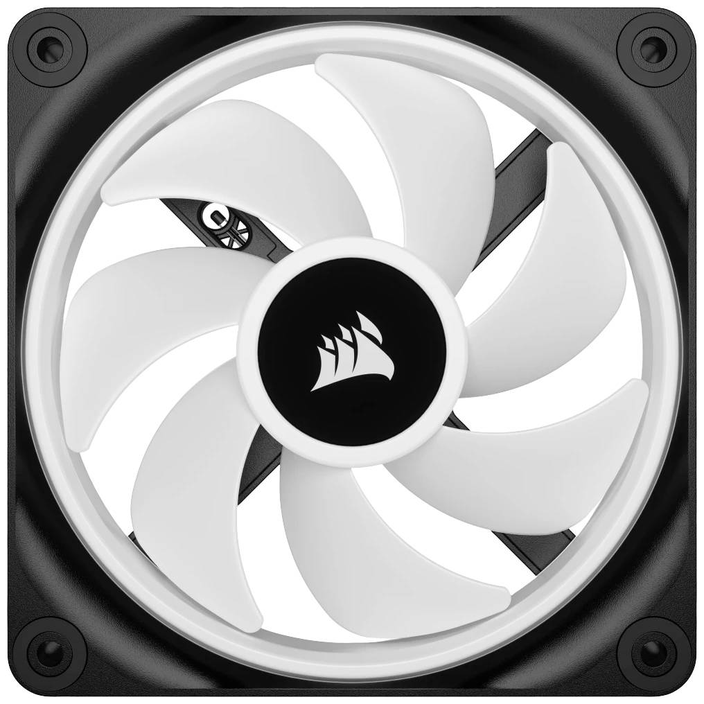 Un ventilateur d'ordinateur blanc avec des accents noirs, photographié légèrement en plongée. Un logo noir est visible au centre.