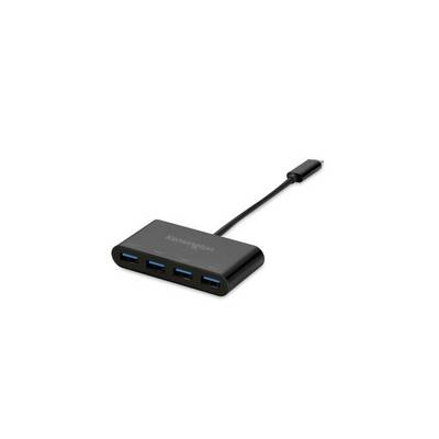 Un hub USB noir à quatre ports et avec un câble de connexion court.