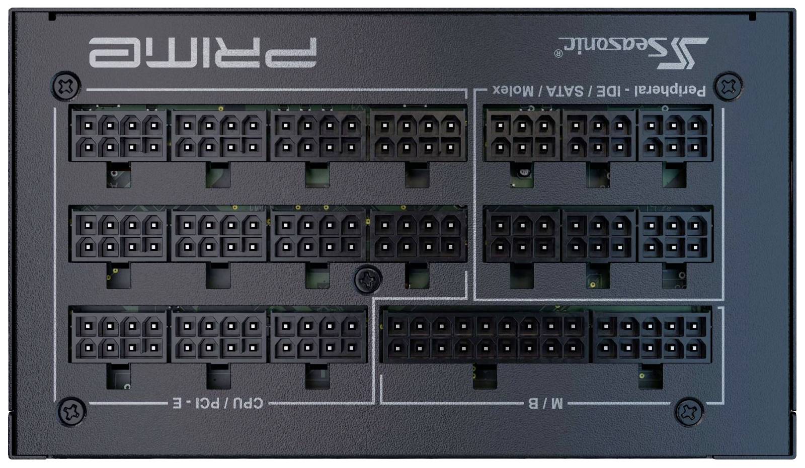 'Arrière d'un bloc d'alimentation modulaire Seasonic PRIME avec plusieurs ports de connexion pour CPU, PCI-E, SATA/IDE et carte mère.'
