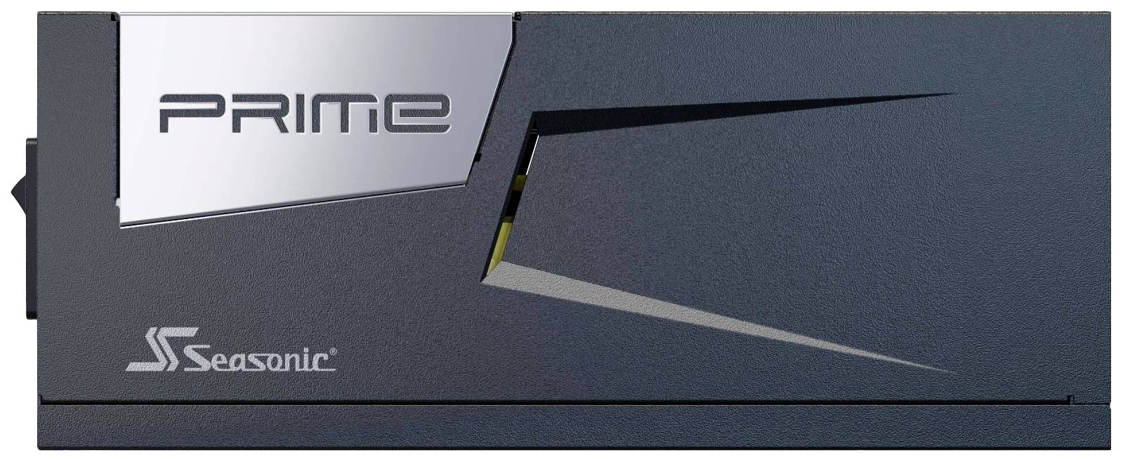 Bloc d'alimentation Seasonic Prime, boîtier sombre avec logo 'PRIME' argenté en haut à gauche, adapté pour les PC haute performance.