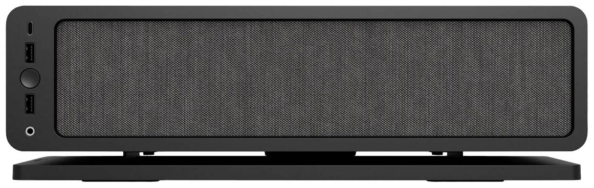 Enceinte portable noire à forme rectangulaire avec une grille de haut-parleur à l'avant, les commandes et les connexions étant situées sur le côté.