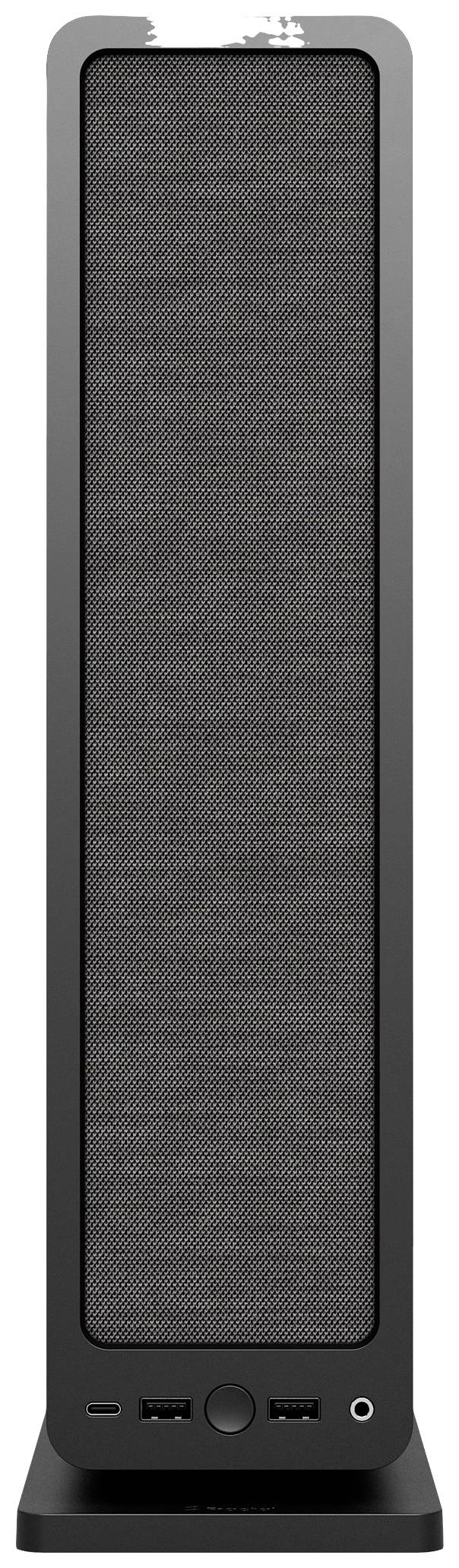 Un haut-parleur élégant et vertical, avec des grilles noires et des connexions en bas, adapté pour une utilisation sur un bureau.