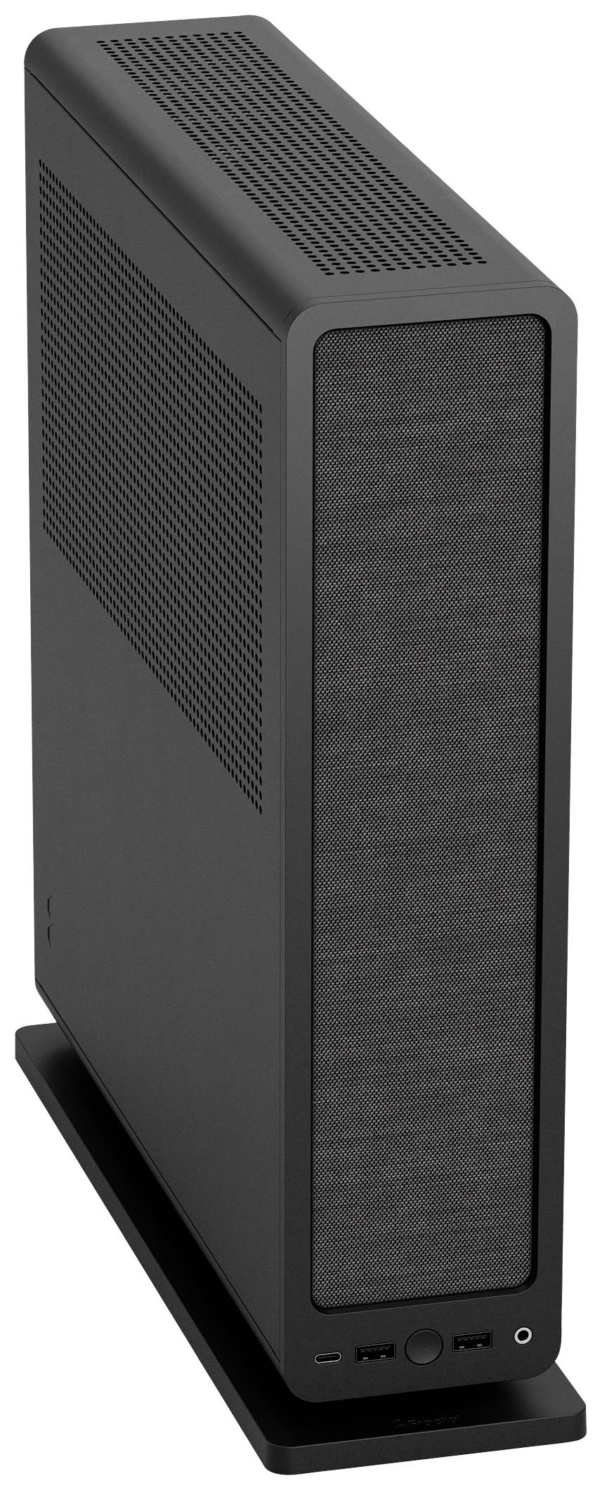 Ordinateur de bureau noir à boîtier vertical avec des fentes d'aération sur le côté, sur un fond blanc.