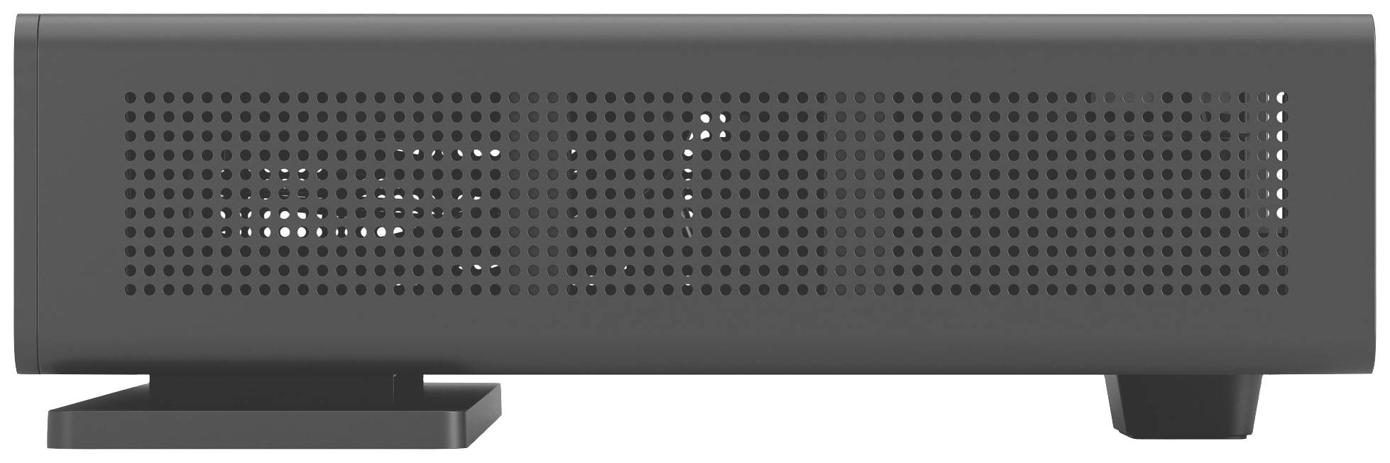 Enceinte rectangulaire grise, vue de côté. Petits trous sur le côté pour la restitution du son. Posée sur un socle plat.