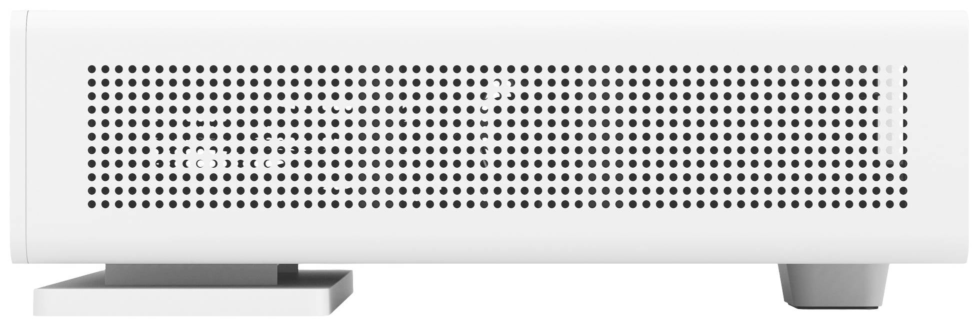 Un haut-parleur rectangulaire blanc avec de nombreux petits trous sur la façade est posé sur une table.