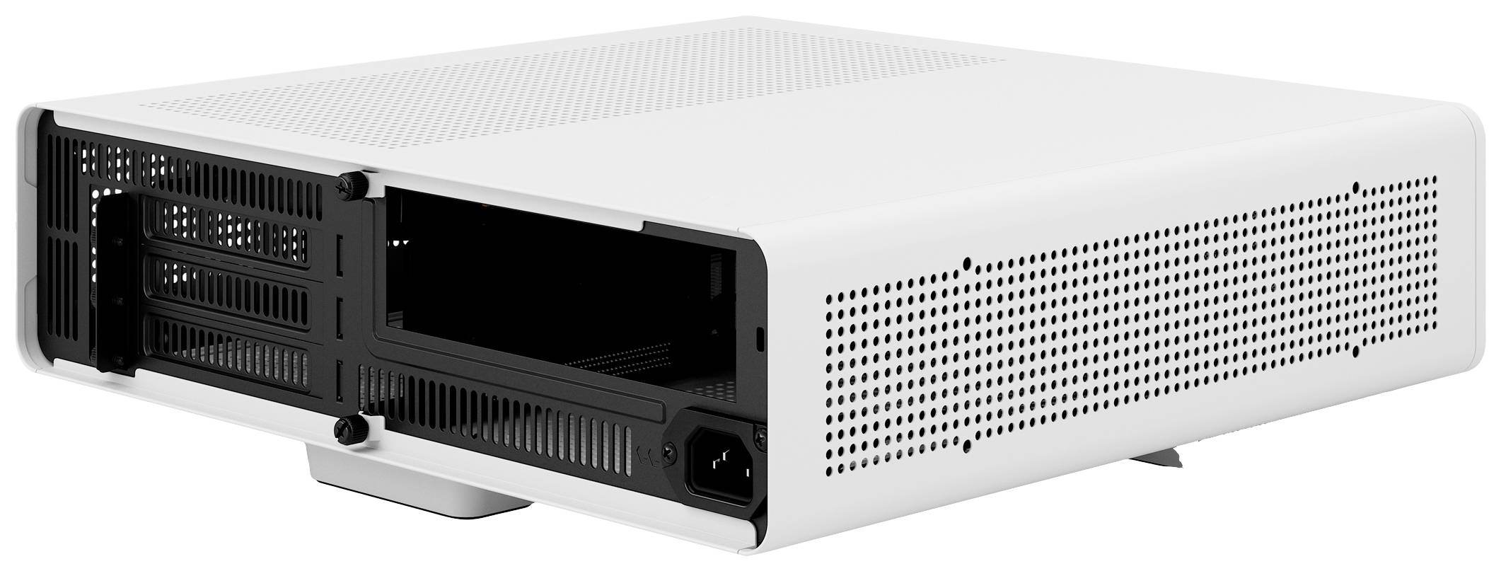Un boîtier d'ordinateur blanc rectangulaire avec des fentes de ventilation sur le côté et des emplacements ouverts à l'arrière.