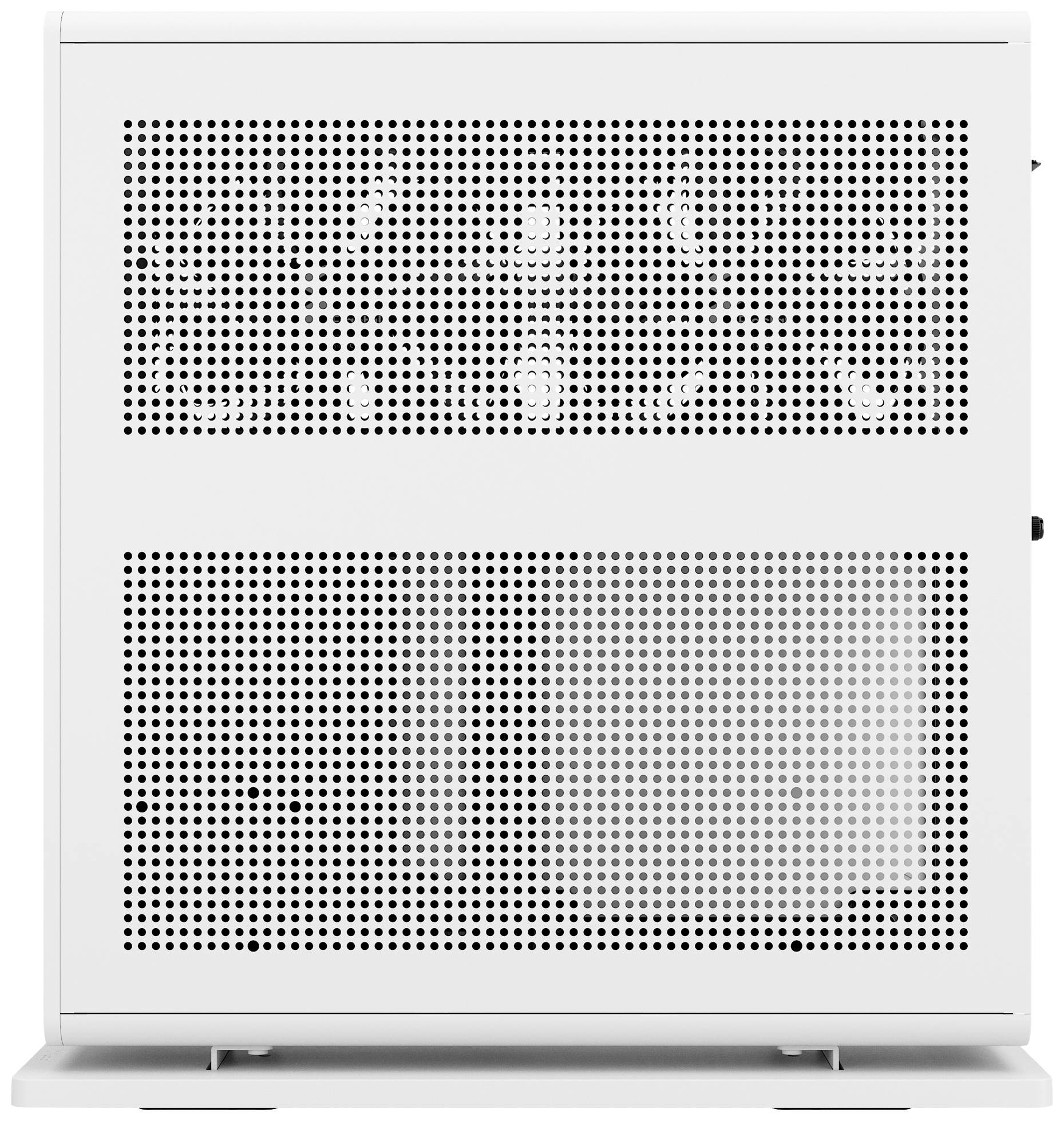 Un purificateur d'air blanc avec une grille métallique perforée pour la circulation de l'air, posé sur une surface plane.