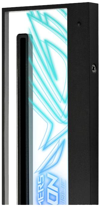 Une bande lumineuse verticale avec un motif bleu sur un cadre noir. Le texte 'GAMERS' est visible. L'éclairage suggère un lien avec le gaming.