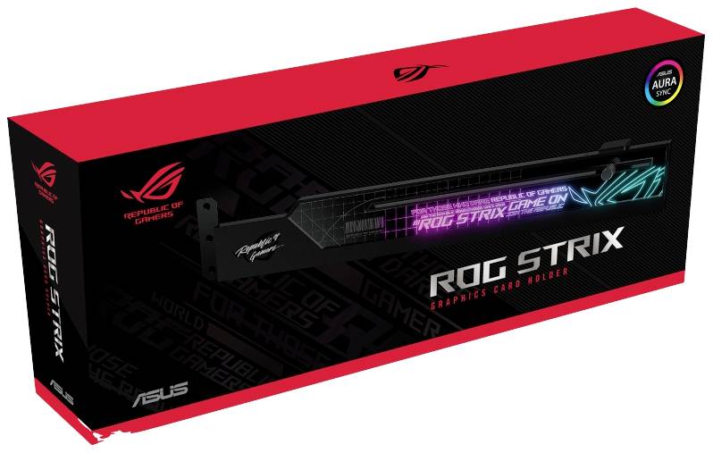 Emballage d'un support de carte graphique ASUS ROG Strix, en noir avec des éléments RGB, logos de marque et nom du modèle visibles.