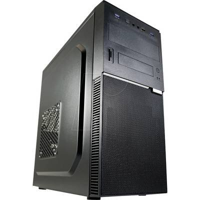 Boîtier d'ordinateur noir et gris avec grille de ventilation, deux ports USB, une prise casque et des emplacements pour lecteurs CD/DVD en haut.