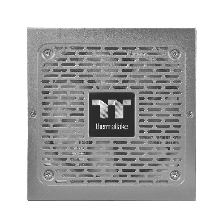 Bloc d'alimentation avec grille de ventilation et logo 'Thermaltake' au centre.