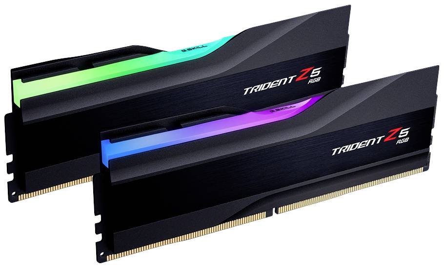 Deux modules de RAM avec éclairage RVB, noirs portant l'inscription 'Trident Z5 RGB'. Ils sont destinés à être installés dans des ordinateurs.