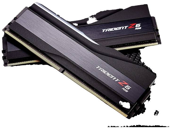 Deux barrettes de RAM G.SKILL Trident Z5 RGB, design noir avec des connecteurs dorés, croisées l'une sur l'autre.
