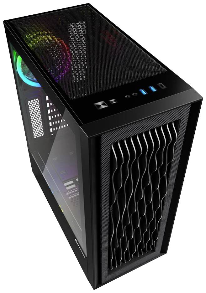 Tour d'ordinateur noire avec une fenêtre latérale transparente, des LED de ventilateurs colorées visibles, la façade présentant un design de grille ondulé.