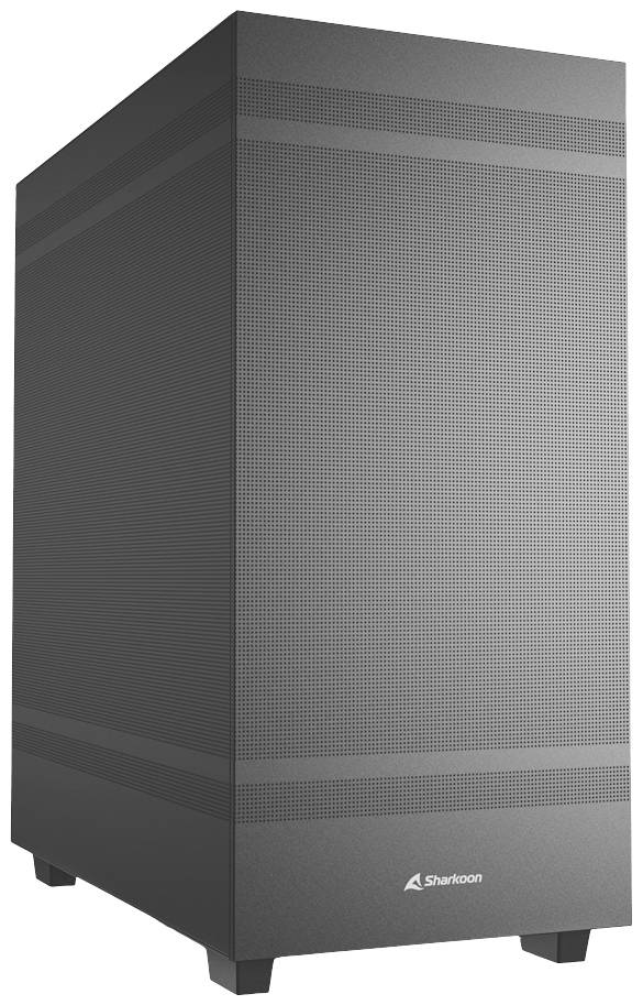 Un boîtier d'ordinateur noir au design minimaliste et épuré, reposant sur des pieds stables.