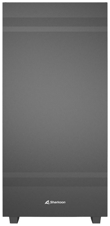 Un boîtier d'ordinateur noir de la marque Sharkoon, avec une structure de grille fine à l'avant pour la ventilation visible.