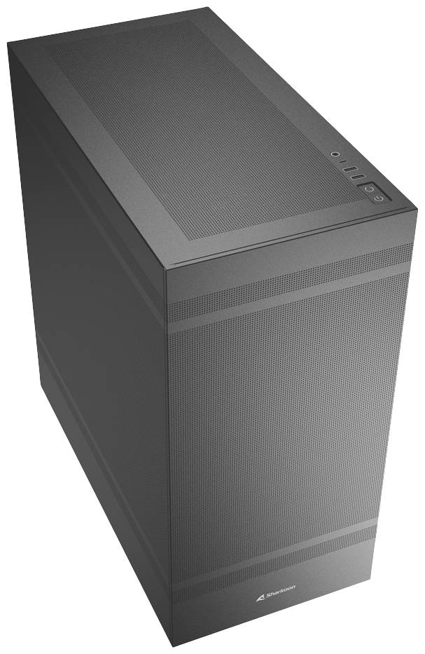 Un boîtier d'ordinateur noir au design minimaliste. En haut se trouvent des ports et un interrupteur marche/arrêt.