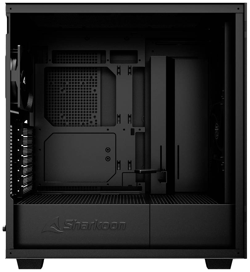 Un boîtier PC noir et vide de Sharkoon, sans composants visibles, équipé d'un ventilateur à l'arrière et offrant des options de gestion des câbles.