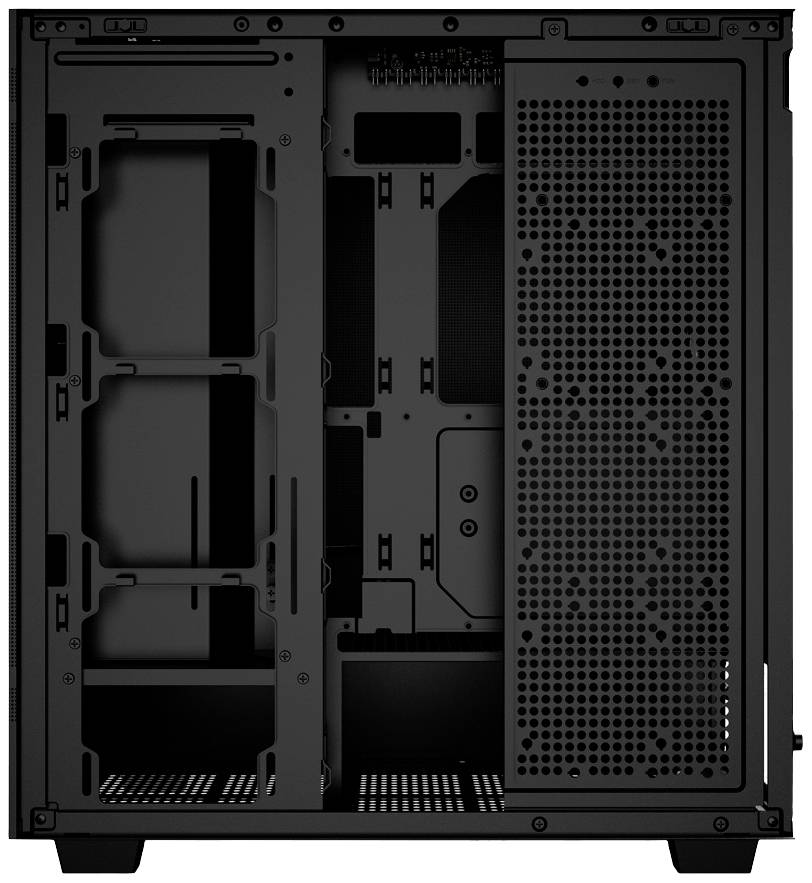 Boîtier d'ordinateur noir ouvert, avec supports visibles pour les composants matériels, sans pièces installées.