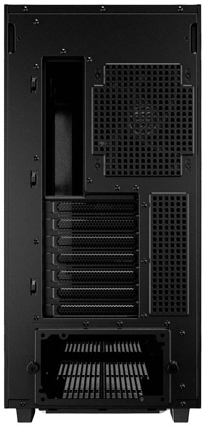 Le dos d'un boîtier d'ordinateur noir, montrant des grilles de ventilation et des emplacements pour cartes d'extension.