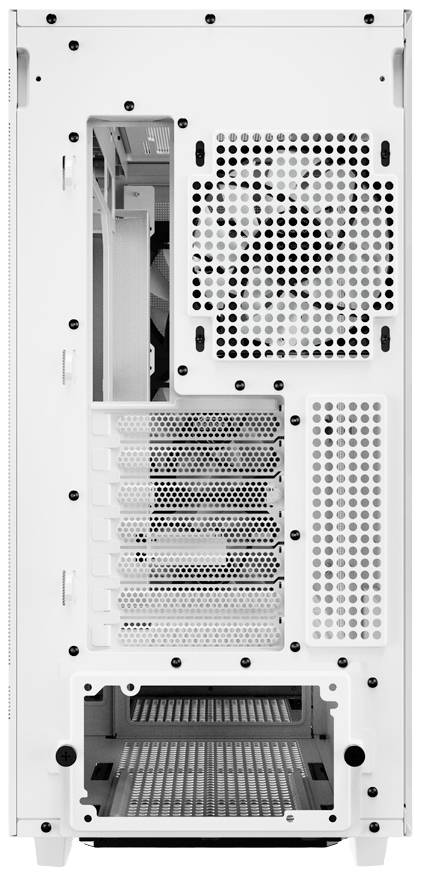 Dos de boîtier d'ordinateur blanc avec plusieurs ouvertures de ventilation et emplacements d'extension. Zone supérieure prévue pour les ventilateurs ou les dissipateurs thermiques.