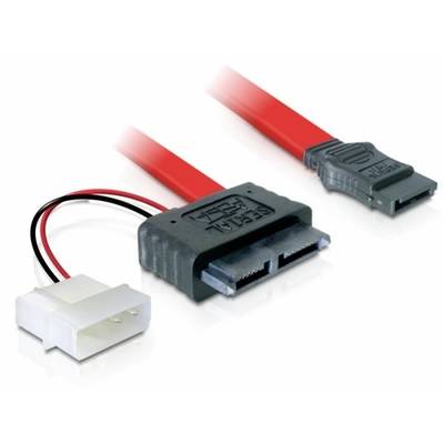 'Un câble adaptateur d'alimentation SATA vers Molex avec des connecteurs SATA rouges et un connecteur Molex blanc, utilisé pour alimenter des disques durs.'