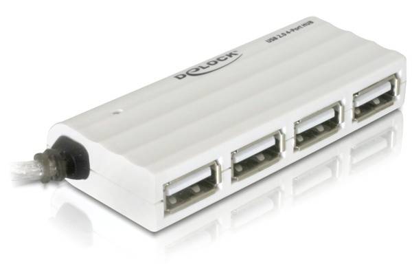 Un hub USB blanc avec quatre ports USB et un câble de connexion noir ; sert à étendre les ports USB des appareils.