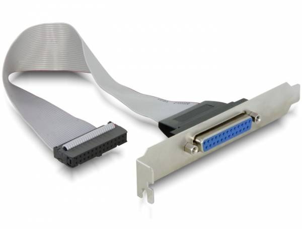 Un câble parallèle avec connecteur DB-25 et câble en nappe, utilisé pour connecter des périphériques plus anciens aux cartes mères des ordinateurs.