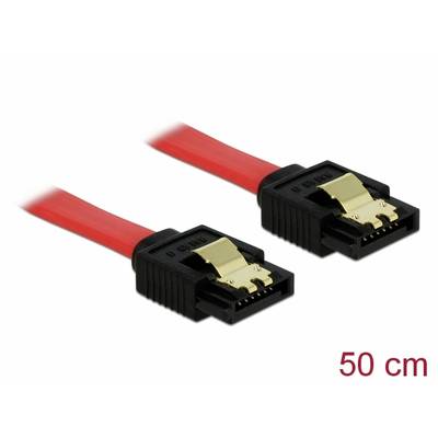 Un câble de données SATA rouge, long de 50 cm, avec deux connecteurs noirs, chacun équipé de clips métalliques pour sécuriser la connexion.